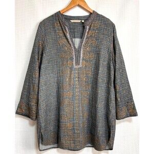 Soft Surroundings size L India Cotton Pattern Tunic Dress Gray Gold Print Boho j